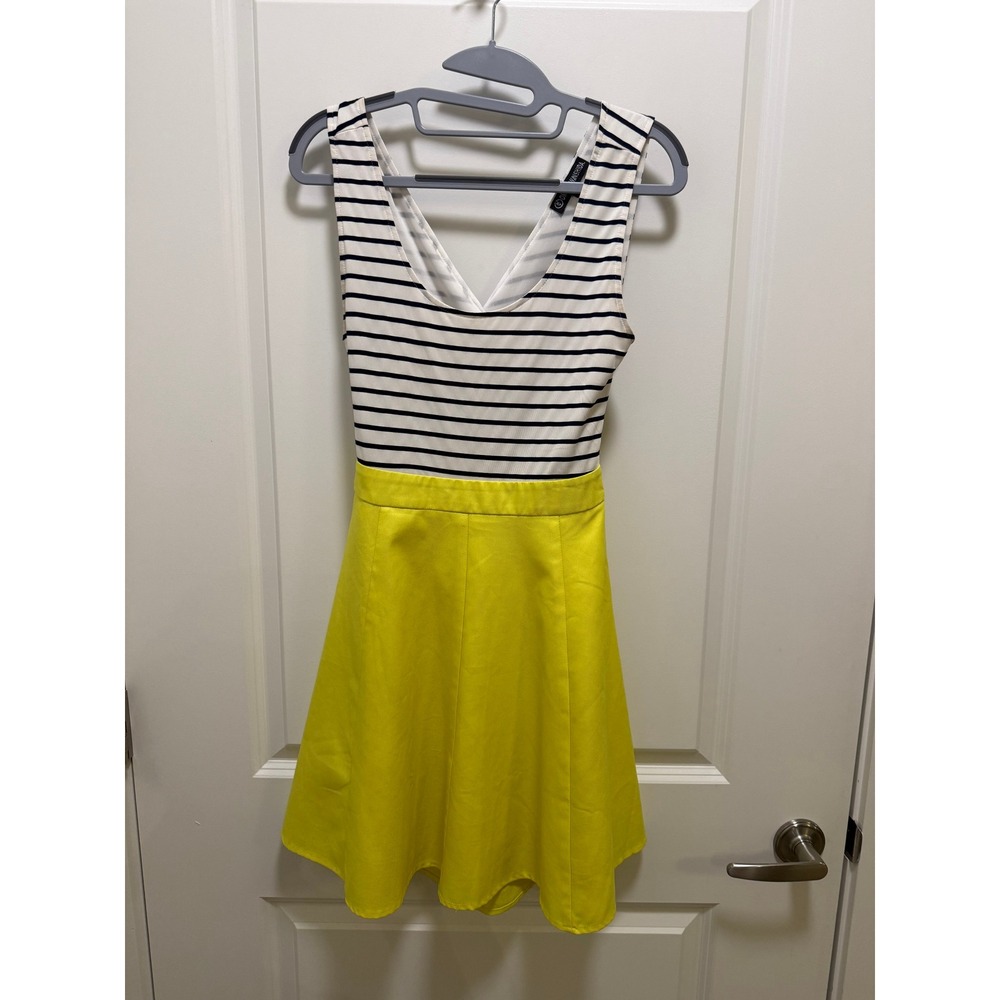 Omeya Wanshida Women Striped Cutout Back Fit Flare Skater Dress Yellow Small
